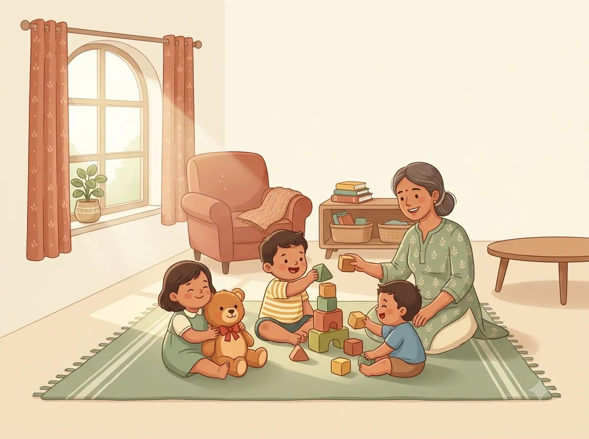 Illustration of a caregiver playing blocks with toddlers in a cozy living room